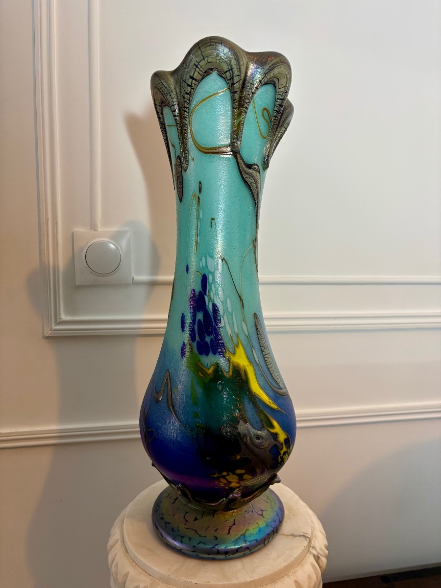 Pascal Guyot à Biot – Important vase en verre soufflé irisé, esprit Art nouveau -photo-3