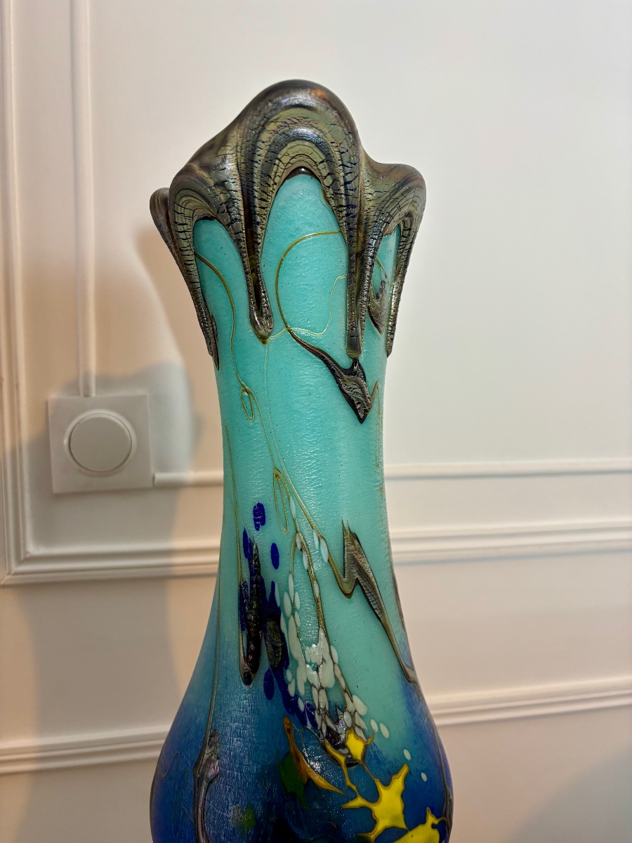 Pascal Guyot à Biot – Important vase en verre soufflé irisé, esprit Art nouveau -photo-5