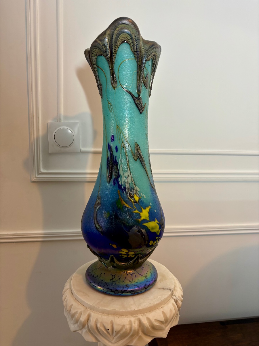 Pascal Guyot à Biot – Important vase en verre soufflé irisé, esprit Art nouveau 
