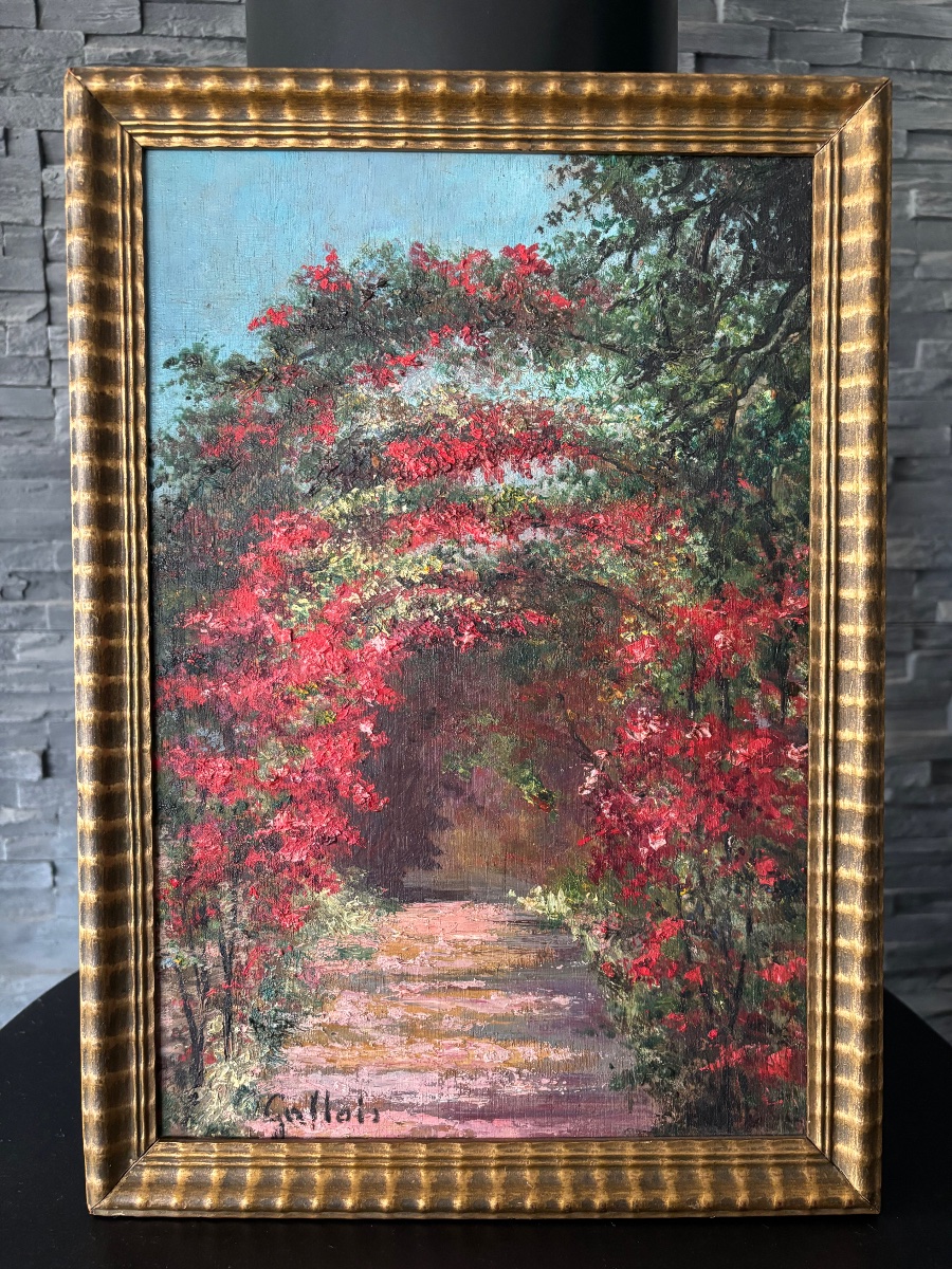Huile sur panneau – Chemin de campagne fleuri – Signée Gallais – Vers 1940-1950-photo-2
