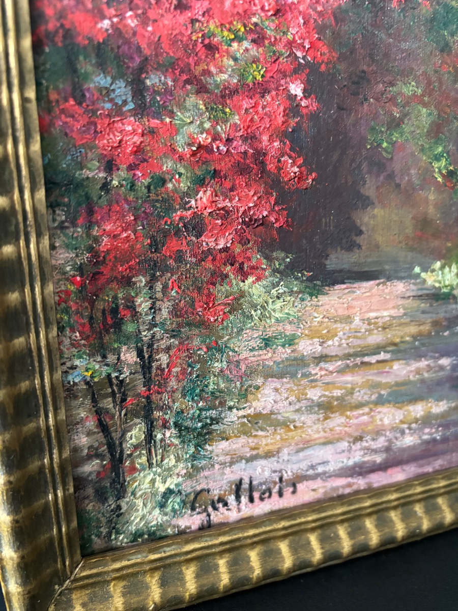 Huile sur panneau – Chemin de campagne fleuri – Signée Gallais – Vers 1940-1950-photo-3