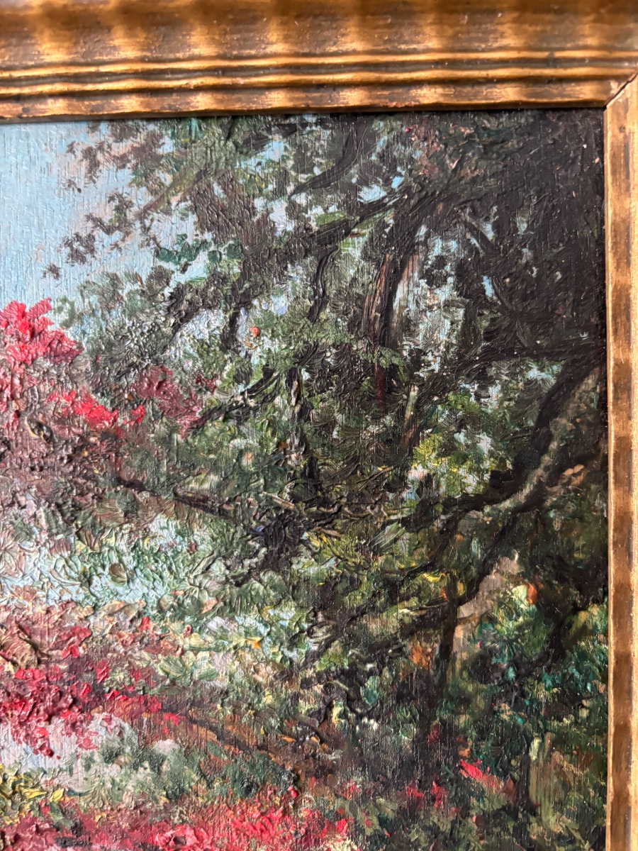 Huile sur panneau – Chemin de campagne fleuri – Signée Gallais – Vers 1940-1950-photo-2