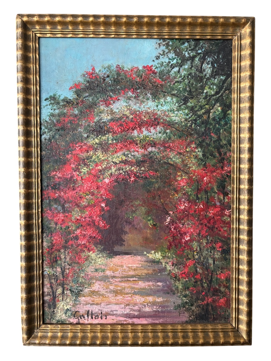 Huile sur panneau – Chemin de campagne fleuri – Signée Gallais – Vers 1940-1950