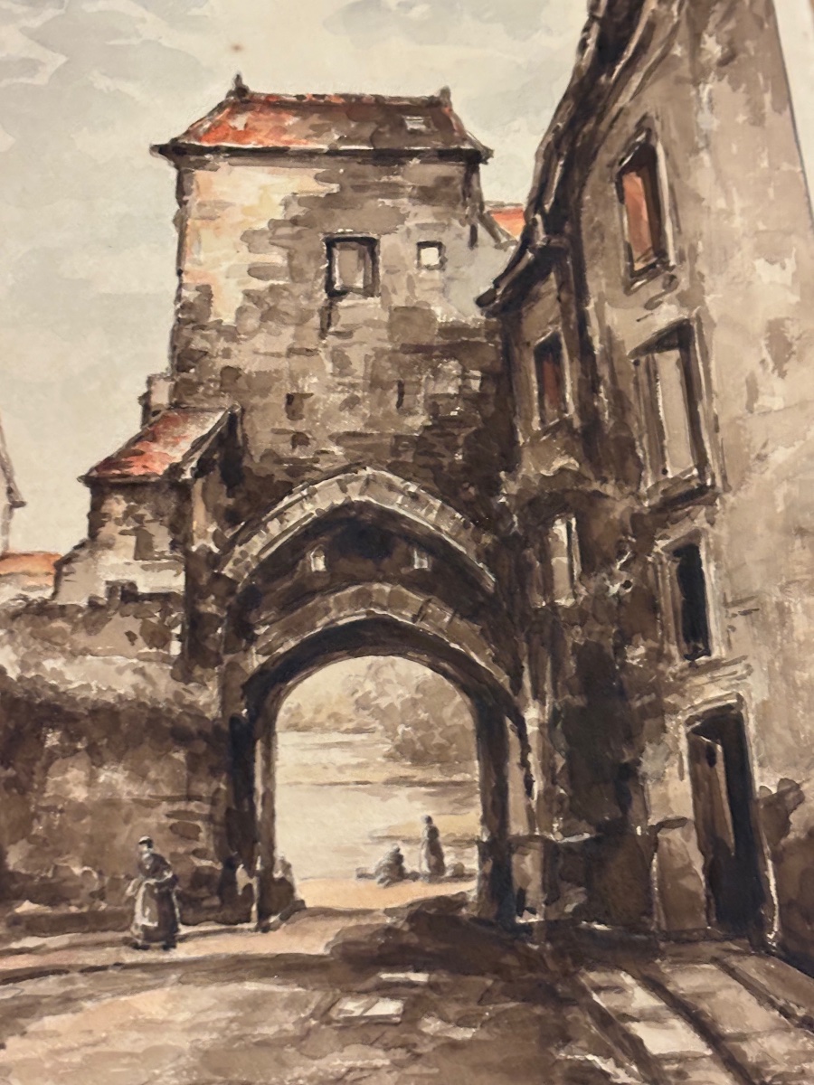 Original Watercolor By émile Gallois (1882–1965) – View Of A Medieval City-photo-2