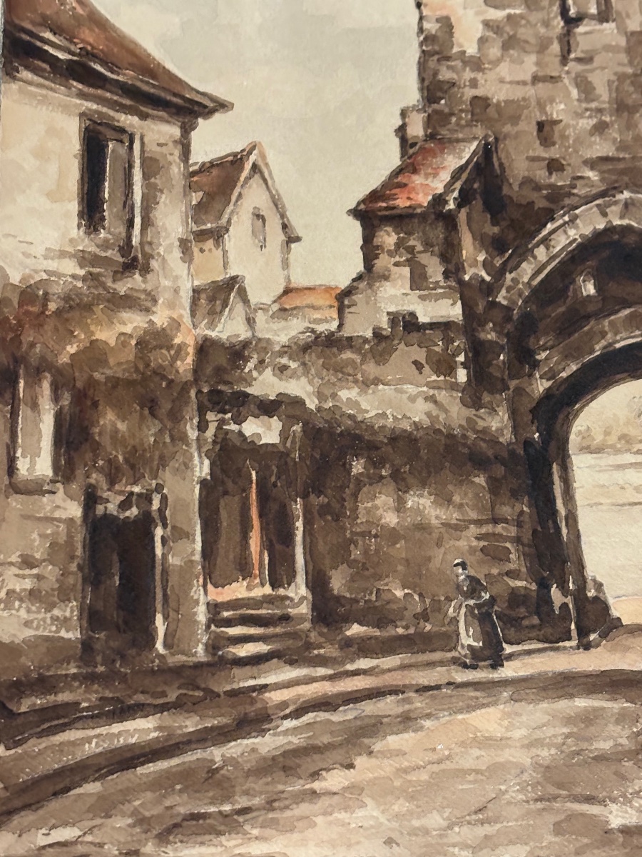 Original Watercolor By émile Gallois (1882–1965) – View Of A Medieval City-photo-3