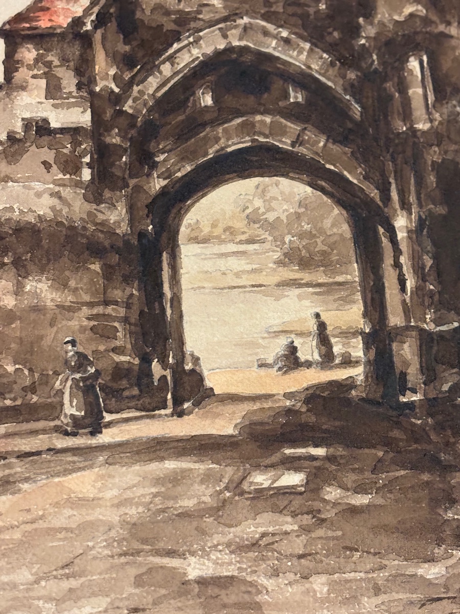 Original Watercolor By émile Gallois (1882–1965) – View Of A Medieval City-photo-1
