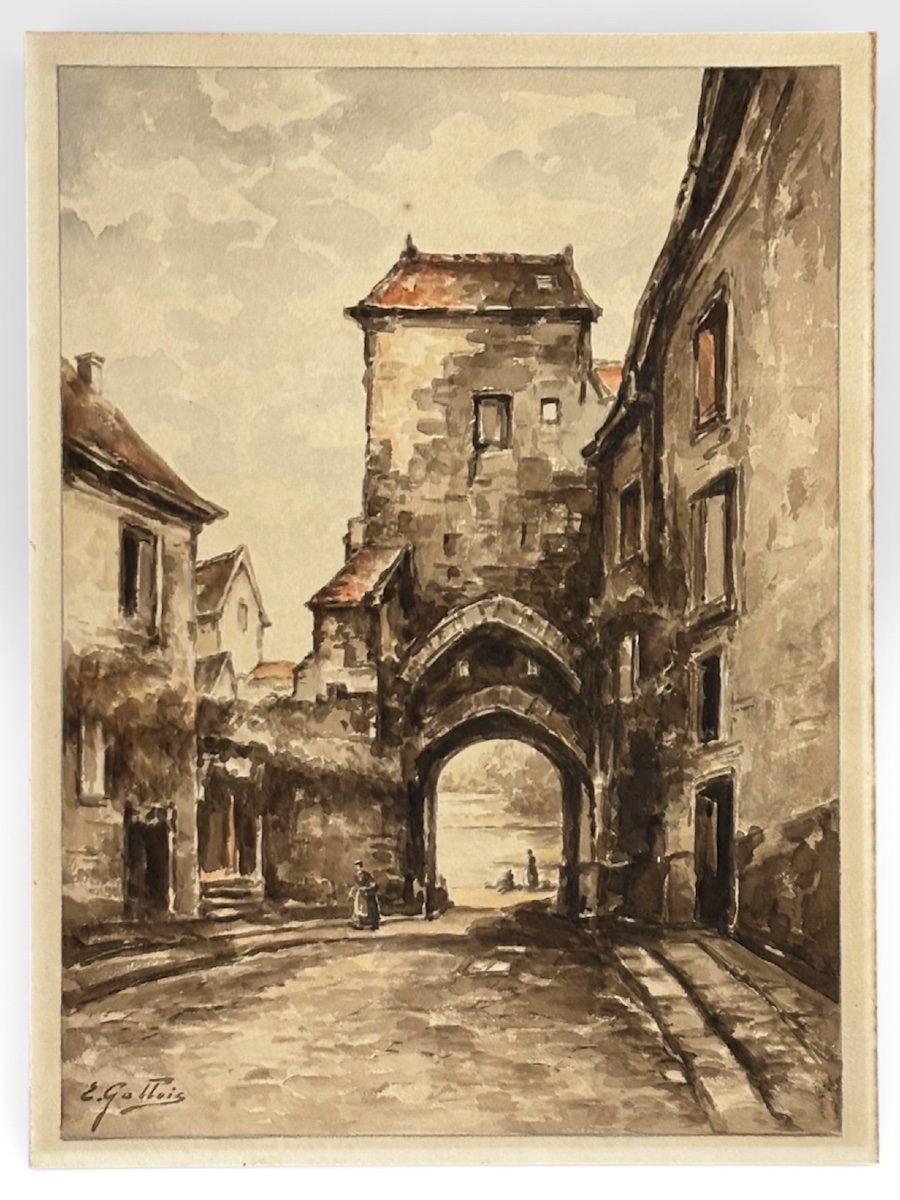 Original Watercolor By émile Gallois (1882–1965) – View Of A Medieval City
