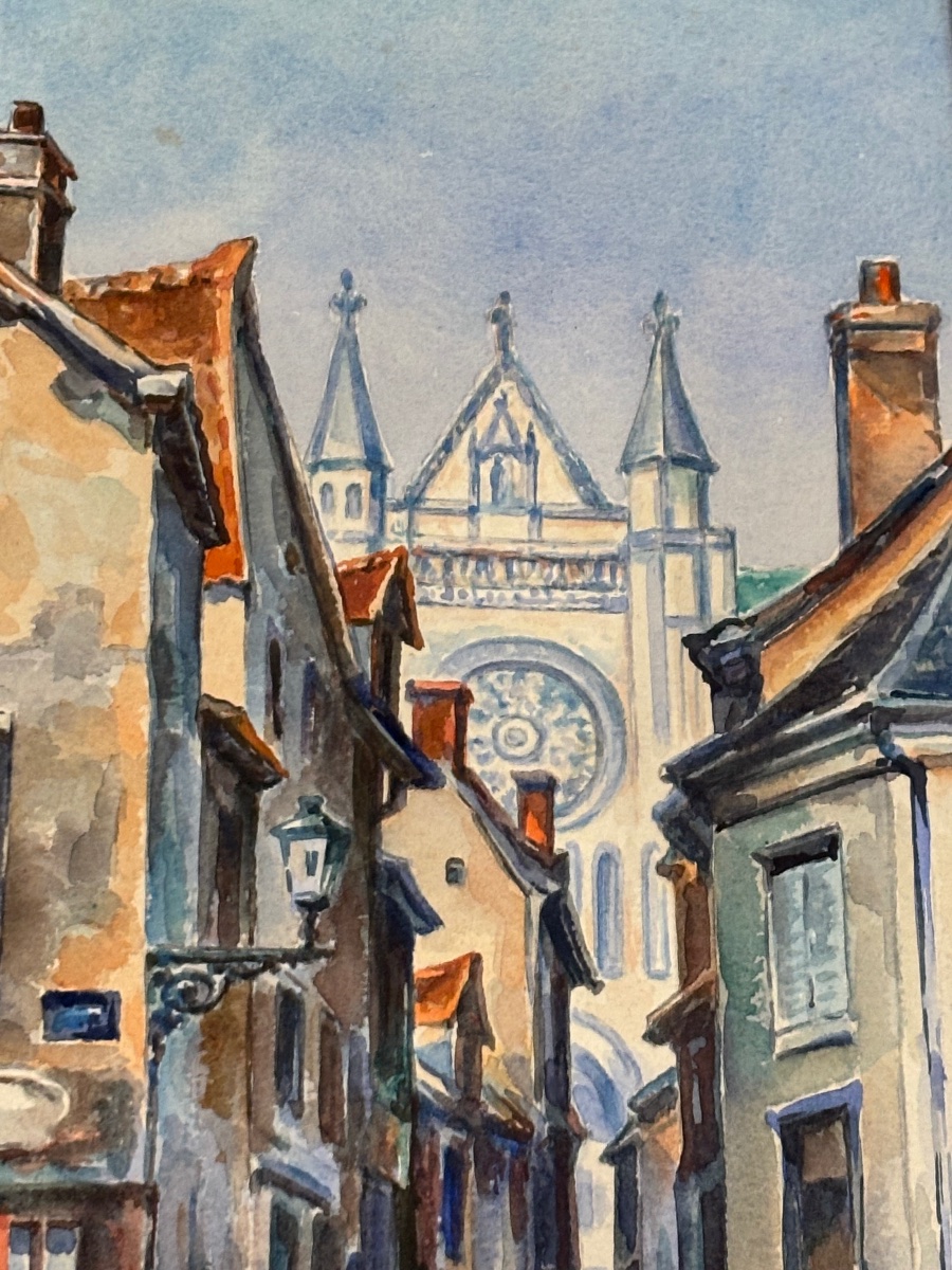 émile Gallois (1882–1965) – View Of Chartres: Rue De La Poissonnerie – Watercolor-photo-2