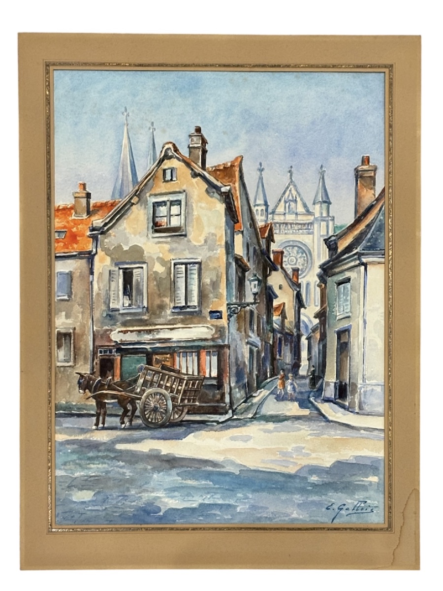 émile Gallois (1882–1965) – View Of Chartres: Rue De La Poissonnerie – Watercolor