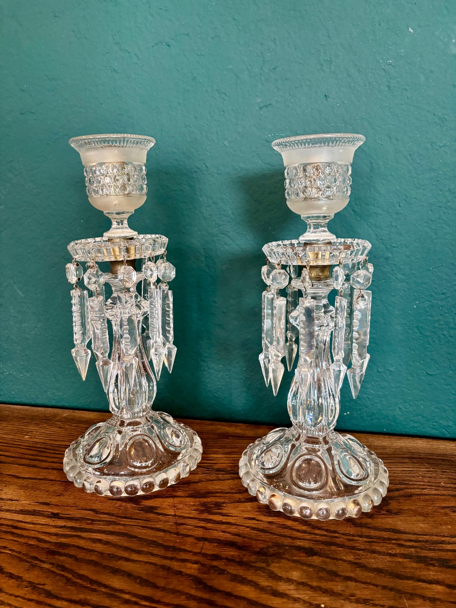 Pair Of Cut Crystal Candlesticks With Pendants – Early 20th Century-photo-2