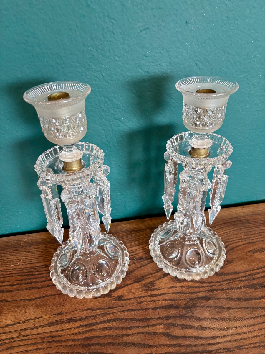 Pair Of Cut Crystal Candlesticks With Pendants – Early 20th Century-photo-3
