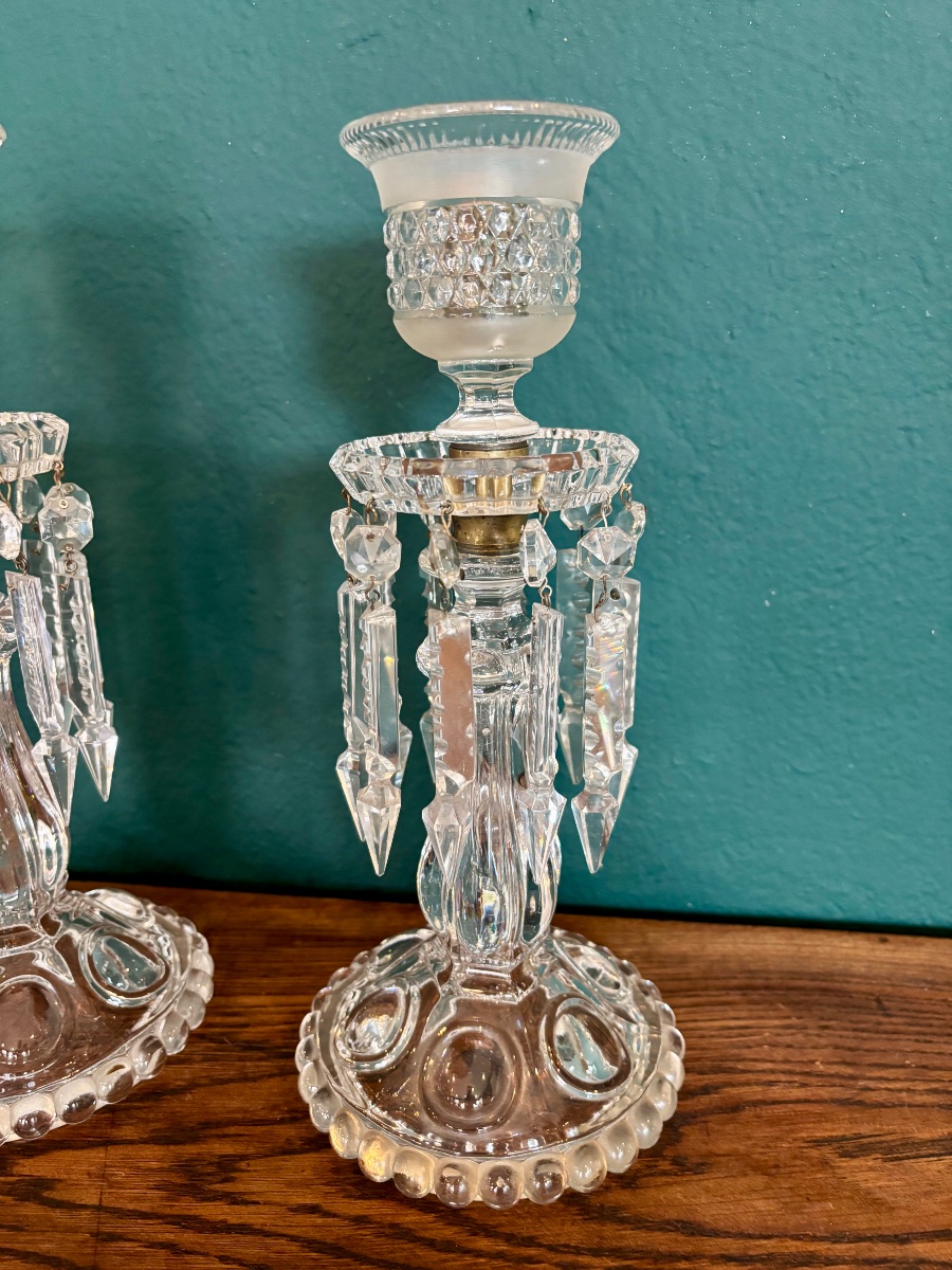 Pair Of Cut Crystal Candlesticks With Pendants – Early 20th Century-photo-2