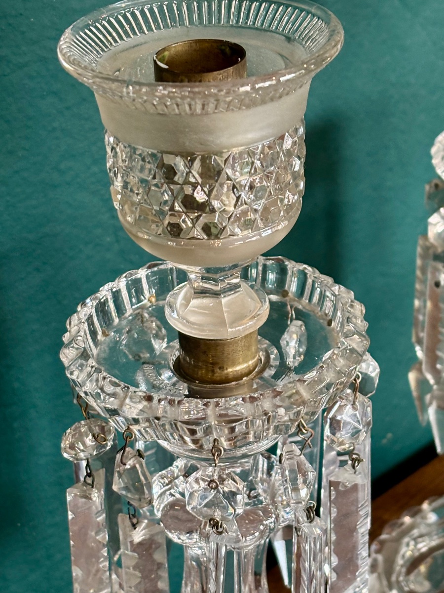 Pair Of Cut Crystal Candlesticks With Pendants – Early 20th Century-photo-3