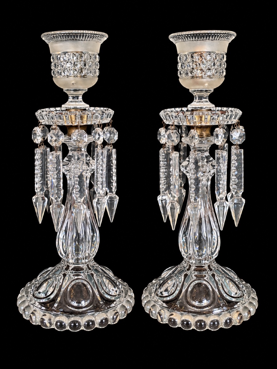 Pair Of Cut Crystal Candlesticks With Pendants – Early 20th Century
