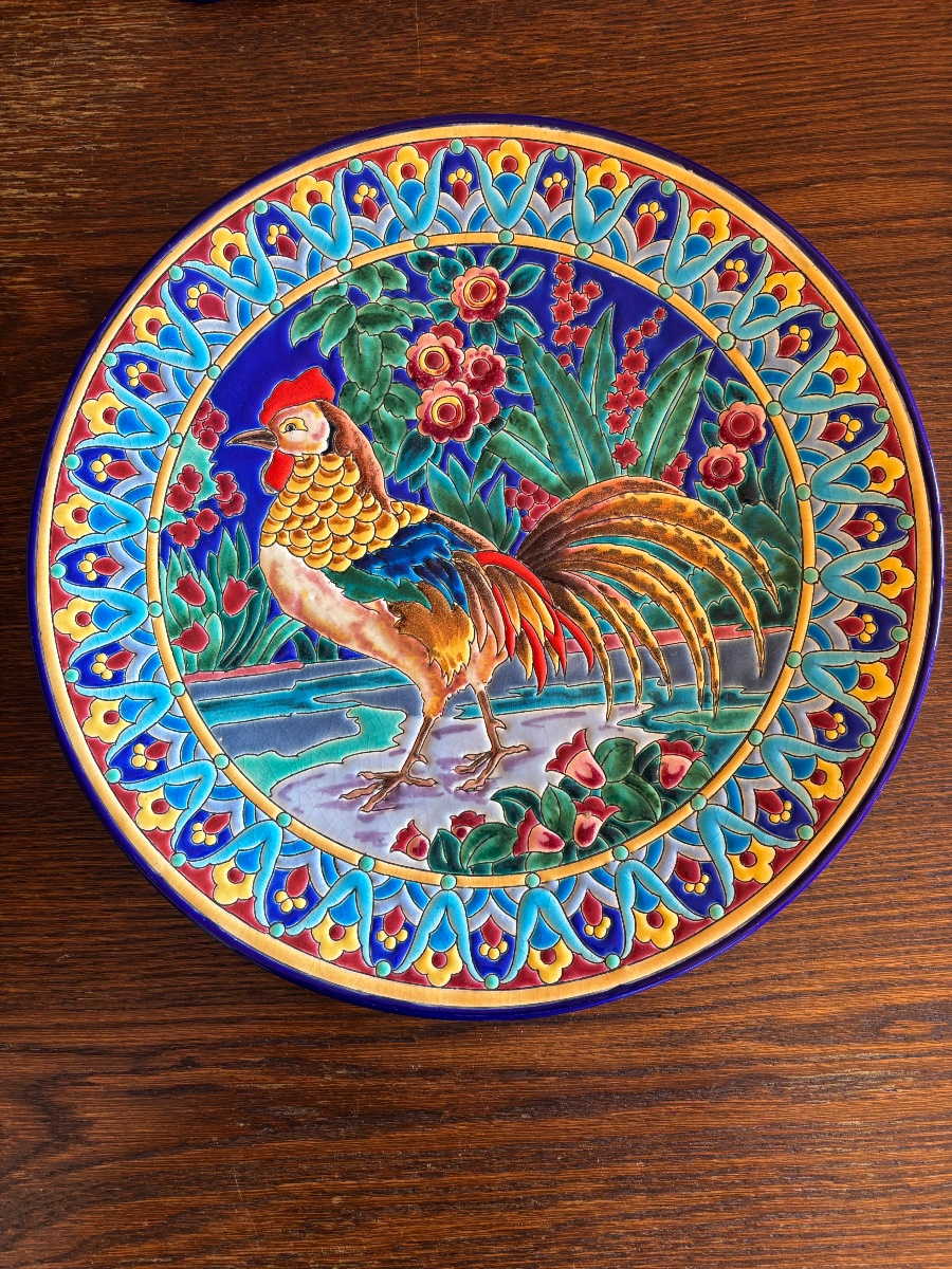 Plat décor au coq faïence de Longwy 32 cm-photo-2