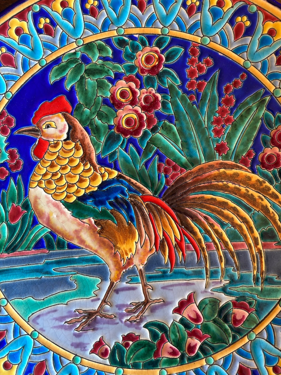 Plat décor au coq faïence de Longwy 32 cm-photo-4