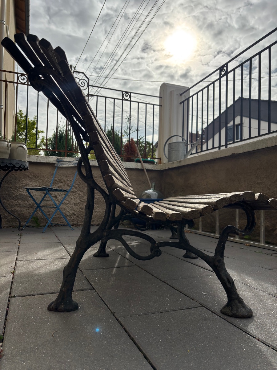 Banc De Jardin Ancien En Bois Et Fonte À Décor De Branches-photo-2