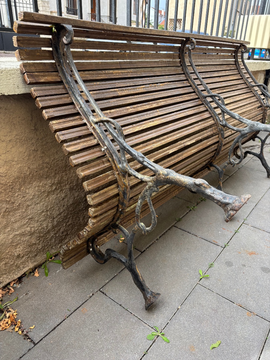 Banc De Jardin Ancien En Bois Et Fonte À Décor De Branches-photo-4