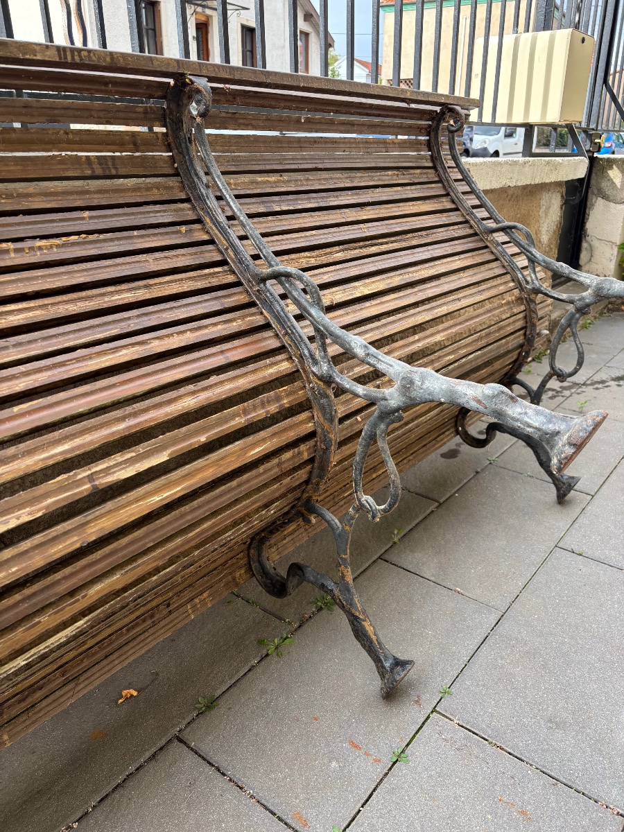 Banc De Jardin Ancien En Bois Et Fonte À Décor De Branches-photo-1