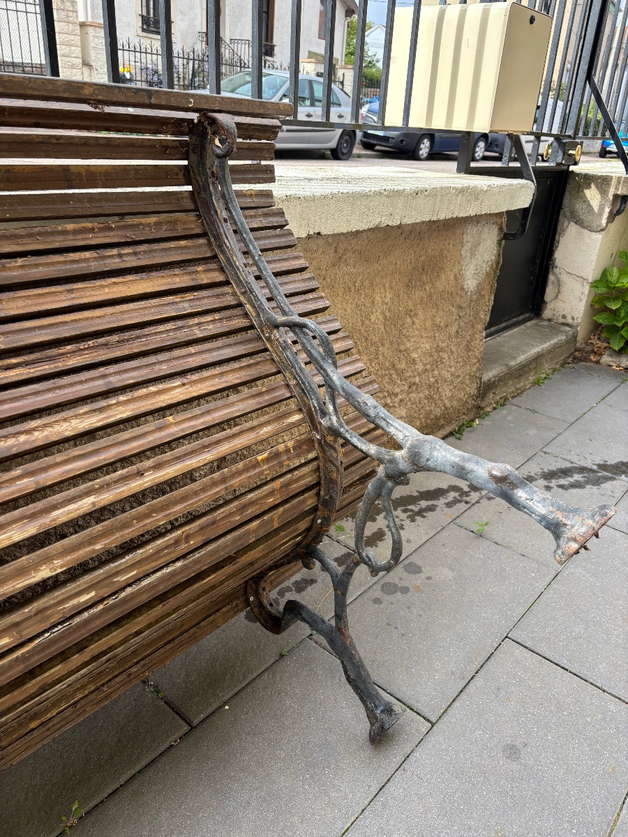 Banc De Jardin Ancien En Bois Et Fonte À Décor De Branches-photo-2