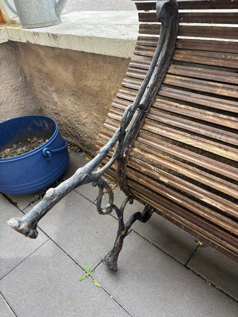 Banc De Jardin Ancien En Bois Et Fonte À Décor De Branches-photo-3