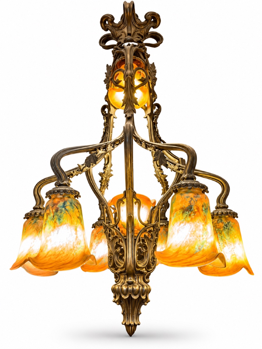 Grand lustre 8 feux en bronze Art nouveau, dans l’esprit de l’École de Nancy – Vers 1900-photo-2