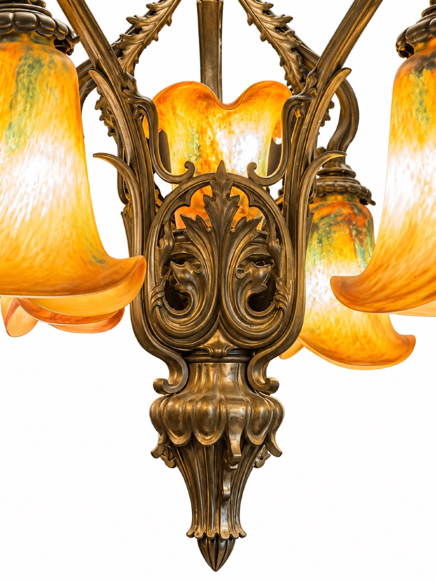 Grand lustre 8 feux en bronze Art nouveau, dans l’esprit de l’École de Nancy – Vers 1900-photo-3