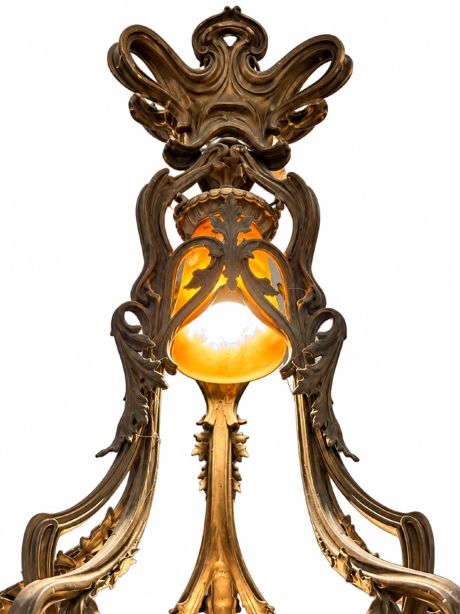 Grand lustre 8 feux en bronze Art nouveau, dans l’esprit de l’École de Nancy – Vers 1900-photo-4