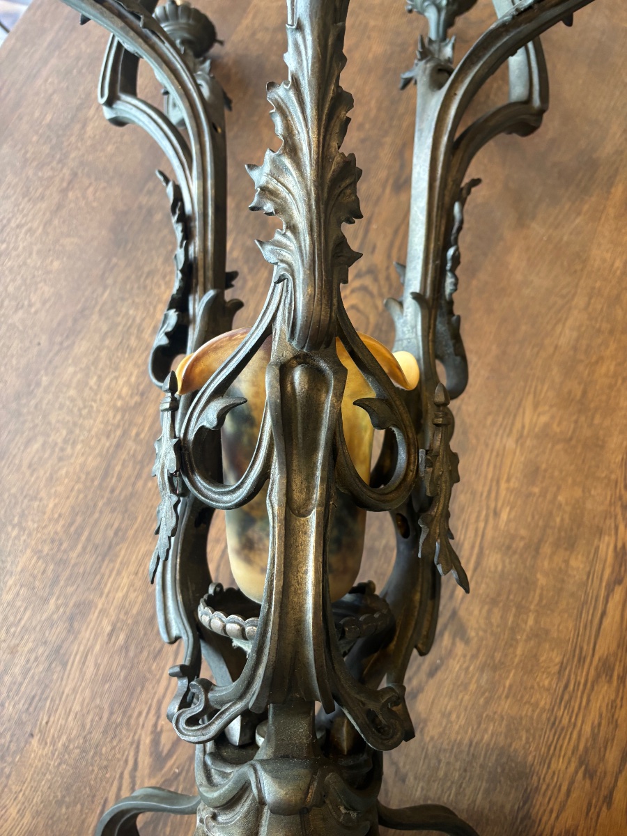 Grand lustre 8 feux en bronze Art nouveau, dans l’esprit de l’École de Nancy – Vers 1900-photo-2