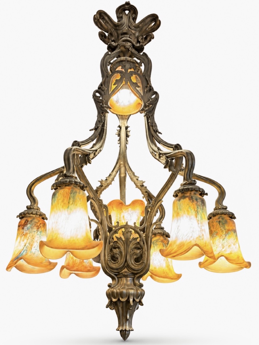 Grand lustre 8 feux en bronze Art nouveau, dans l’esprit de l’École de Nancy – Vers 1900