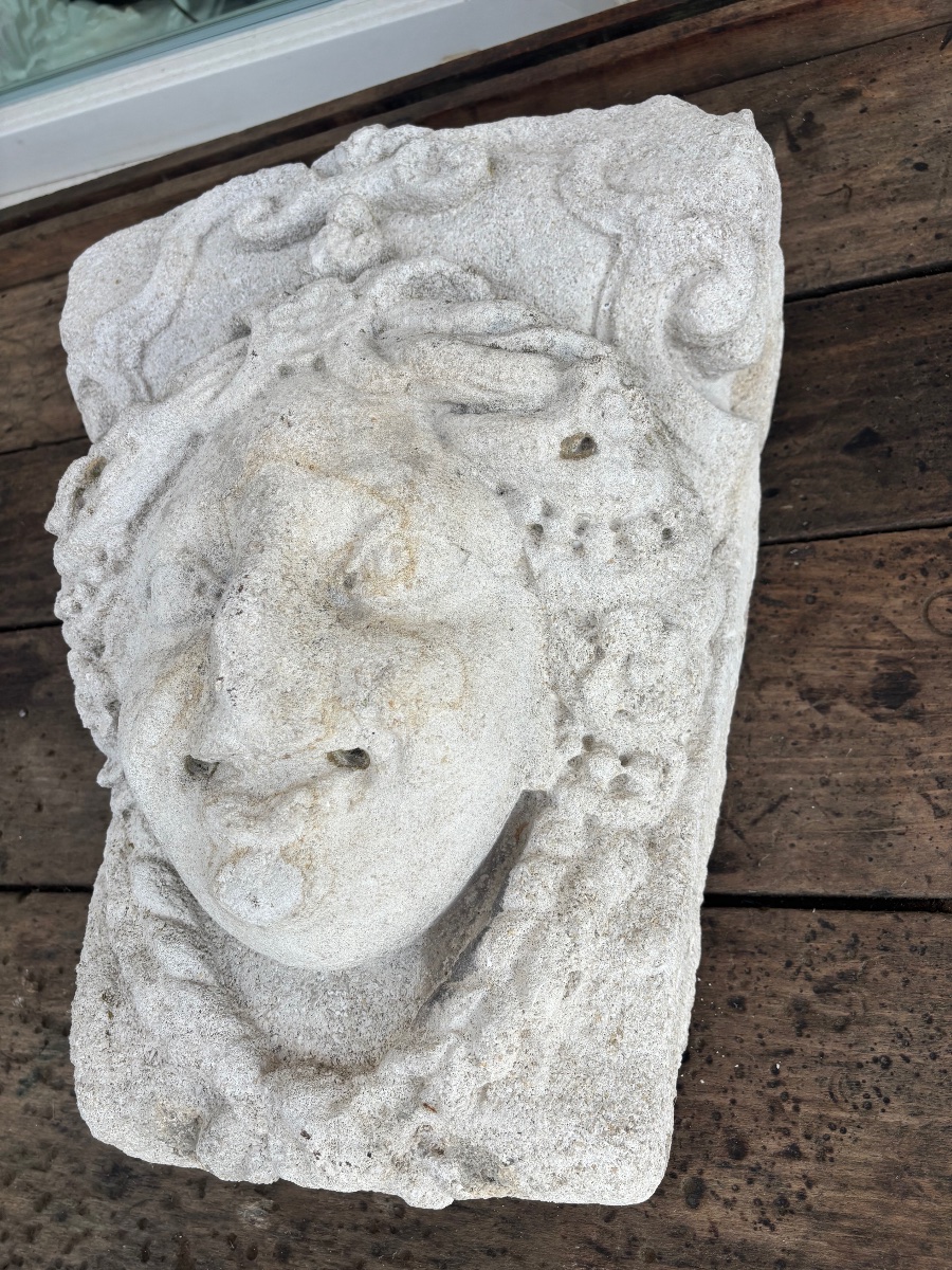 Mascaron Architectural En Pierre Sculptée – Tête Féminine-photo-4