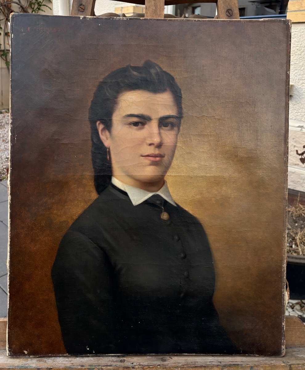 Oil Portrait Of A Young Woman, Signed By émile Nickels, 1881-photo-2