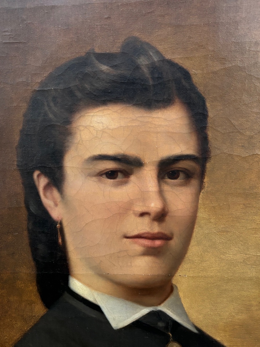 Oil Portrait Of A Young Woman, Signed By émile Nickels, 1881-photo-3