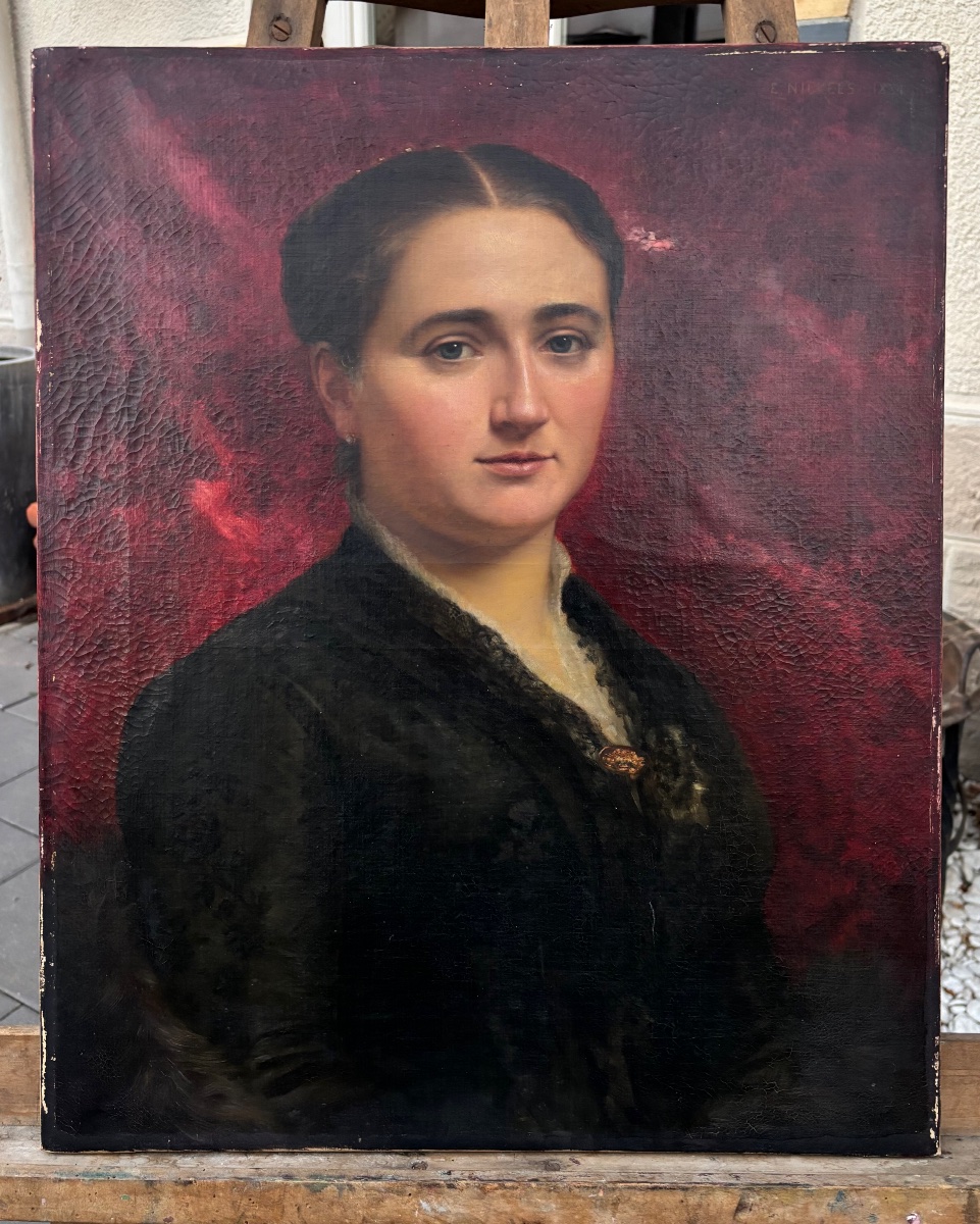 Paire de portraits à l’huile signés Émile Nickels, 1884-photo-2