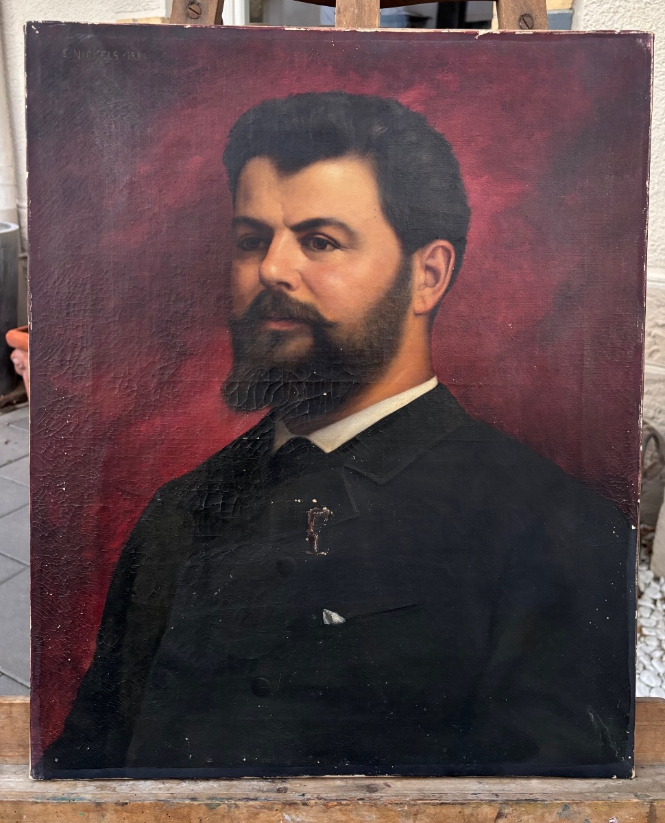Paire de portraits à l’huile signés Émile Nickels, 1884-photo-1