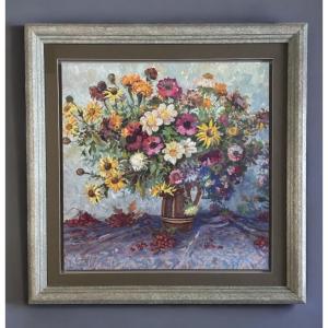 Nikolai Anistchenko (né En 1942) – Bouquet De Fleurs, Gouache Sur Carton, 1987