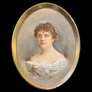 Charles Guillaume Brun (1825–1908) – Portrait De Femme Au Pastel – Belle époque