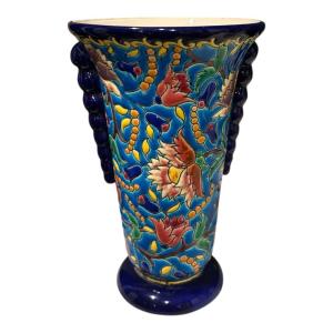 Vase en émaux de Longwy – Décor floral polychrome – Début XXe