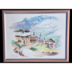Joseph Megly (XXe siècle) – Aquarelle originale – Scène de village alpin