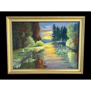 Jean Vincent-Viry (1920–2011) – Paysage au bord de l’eau, coucher de soleil, huile sur panneau.