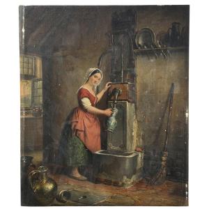 Henri Decoene (1792–1866) – Femme à la pompe – Huile sur panneau