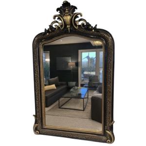 Large Napoleon III Mirror – Blackened And Gilded Wood – 75 X 115 Cm 19th Century