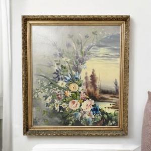 Huile sur toile – Bouquet de fleurs et paysage au crépuscule – Signée Perrin-Gouron, Grenoble, 