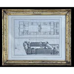 Gravure ancienne de Matthäus Merian (1593-1650) – Plan et élévation de l’Hôtel de Ville de Lyon