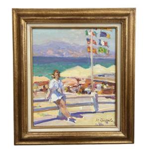 Painting - Youri Krotov, Russia (1964) - Croisette, On The Beach In Cannes, Oil On Cardboard