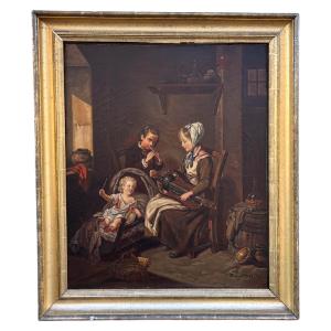 Grand tableau huile sur toile par Antoine RICHARD (1822-1891) « Musique en famille »