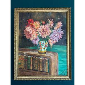 Oil On Panel, Ca. 1960 – Still Life With Dahlias – Signed F. Martin – 55 × 70 Cm