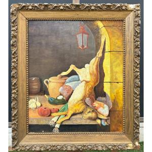 Claudine Daveze (XXᵉ siècle) Nature morte de chasse – Huile sur panneau Isorel