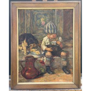 Huile sur toile – Enfant au pot de lait et son chien – Signée Albrecht, 1922