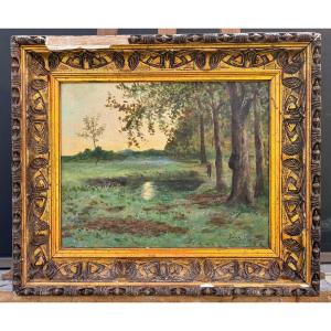 Huile sur toile signée Beny – Paysage au lever du jour, chasseur en lisière de forêt – Début XX